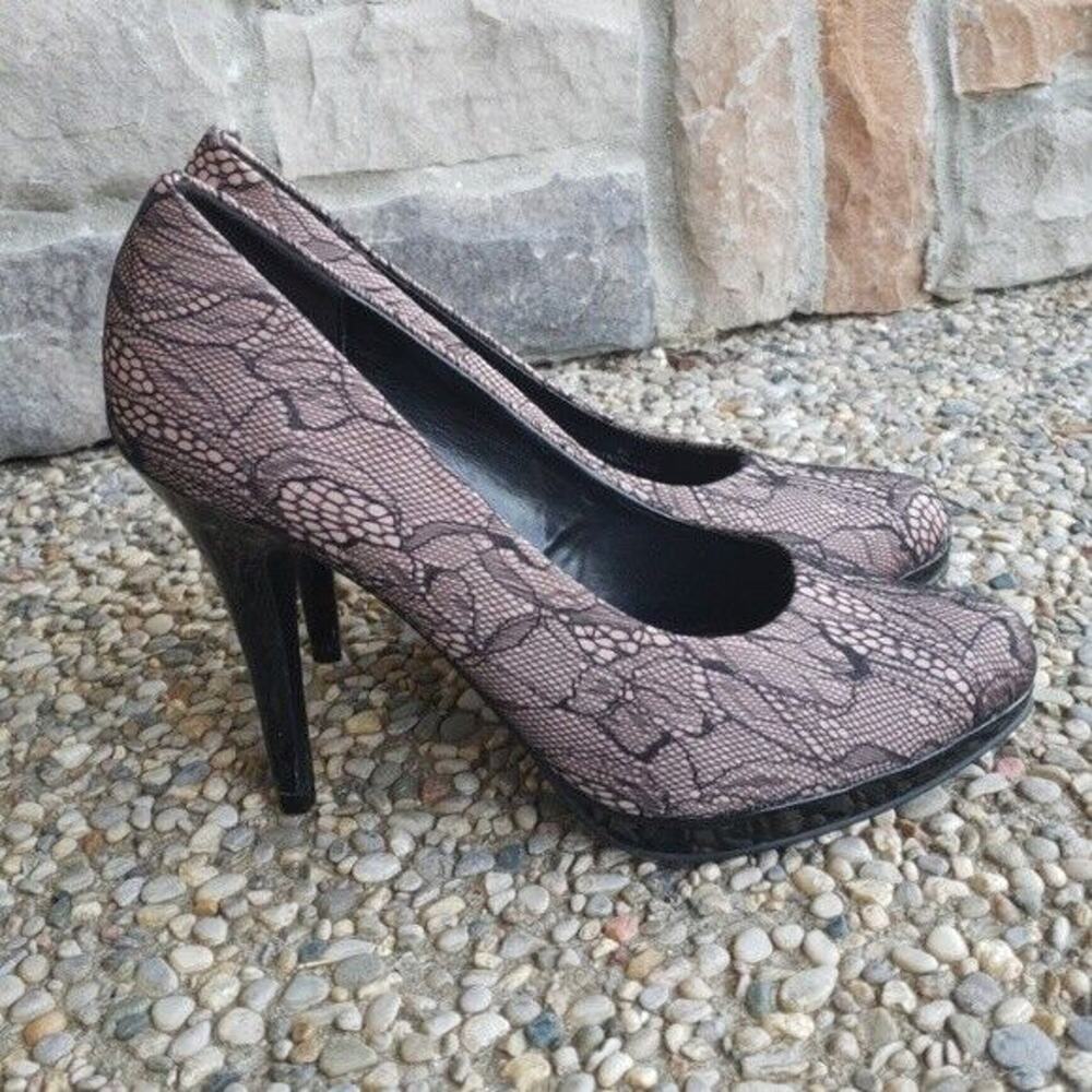 M.P.S Nude and Black Lace High Heel Pumps - Size 8.5